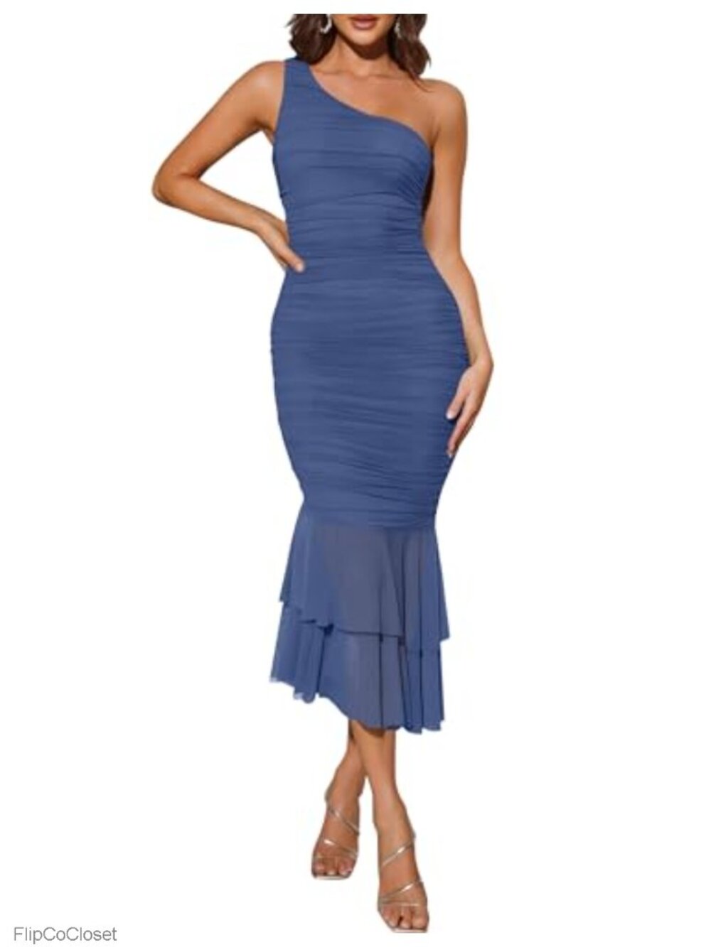 Womens One Shoulder Bodycon Midi Dress Mesh Ruched Ruffle Hem Formal Party